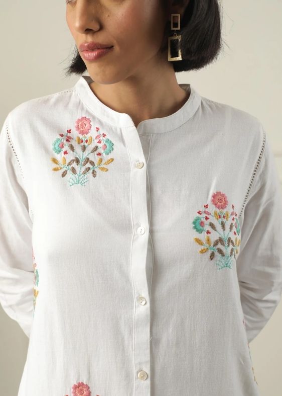 SS 2445 White Striped Cotton Embroidered Tunic