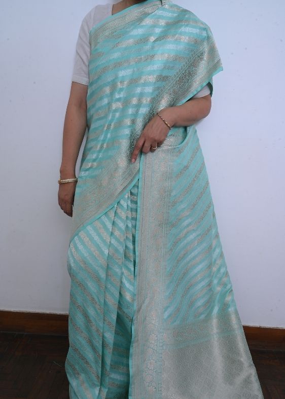 Blue Barasi Silver Gold Diagol Stripes Silk Saree