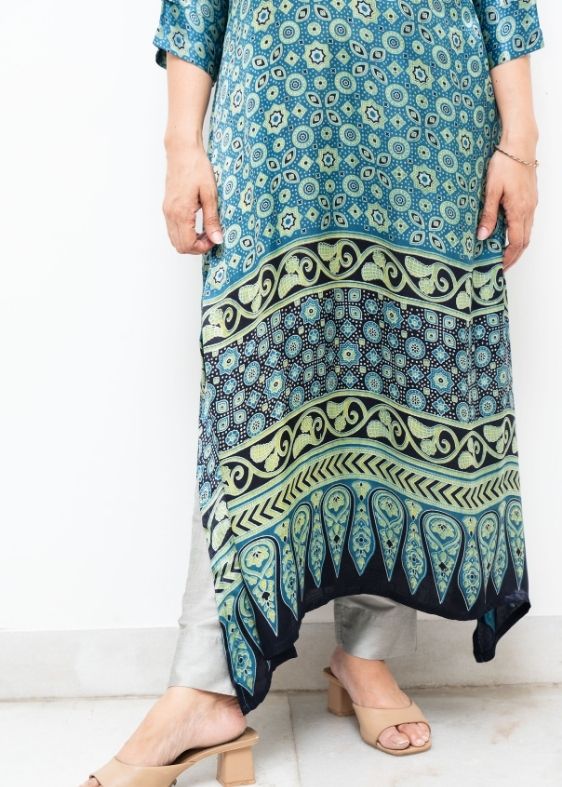 Green Printed Deepam Mashru Silk Dress