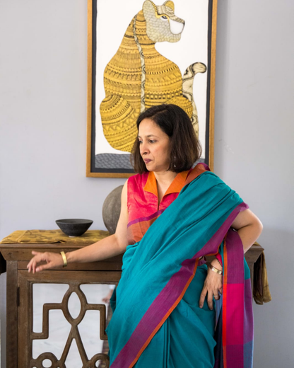 Teal Green Colour Block Fulia Cotton Saree