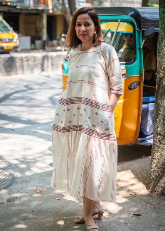 White Back Tie Net Cotton Jamdani Dress