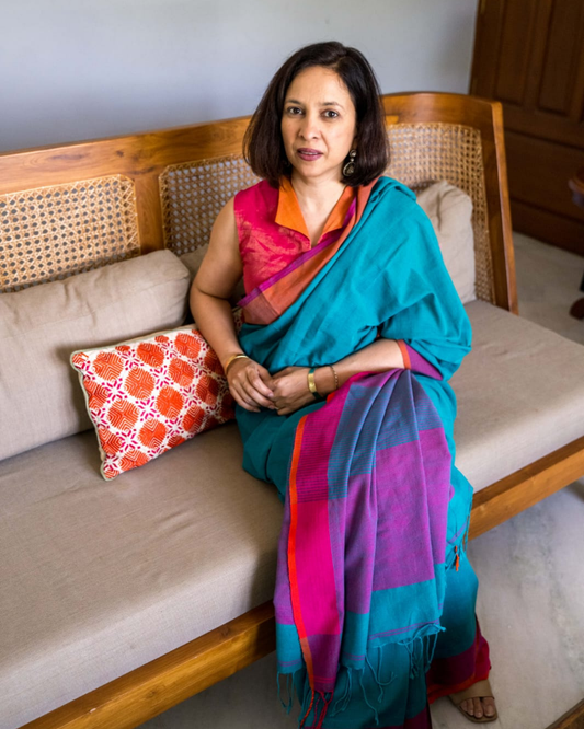 Teal Green Colour Block Fulia Cotton Saree