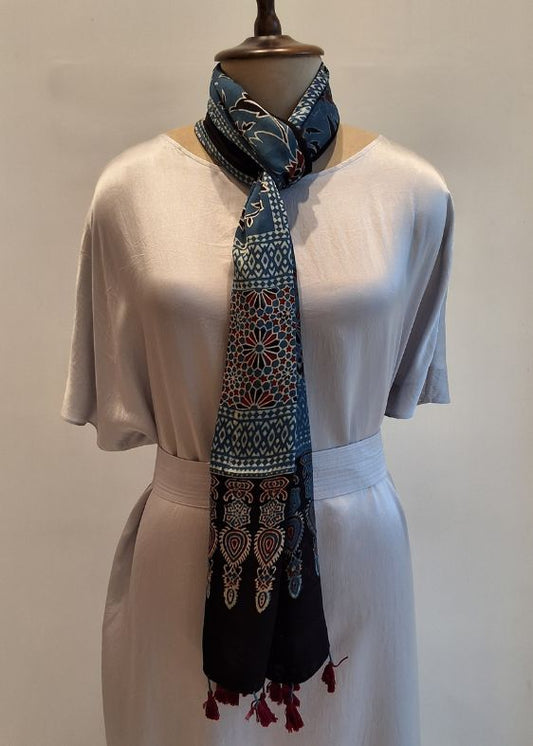 Navy Blue Ajrakh Print Modal Silk Stole