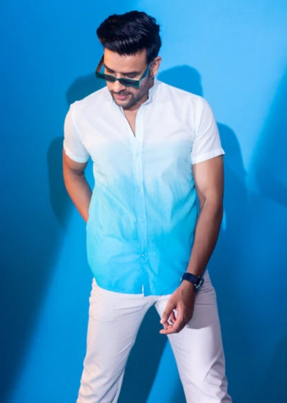 Nehru Collar Ombre Half Sleeve Cotton Shirt- Tourquoise
