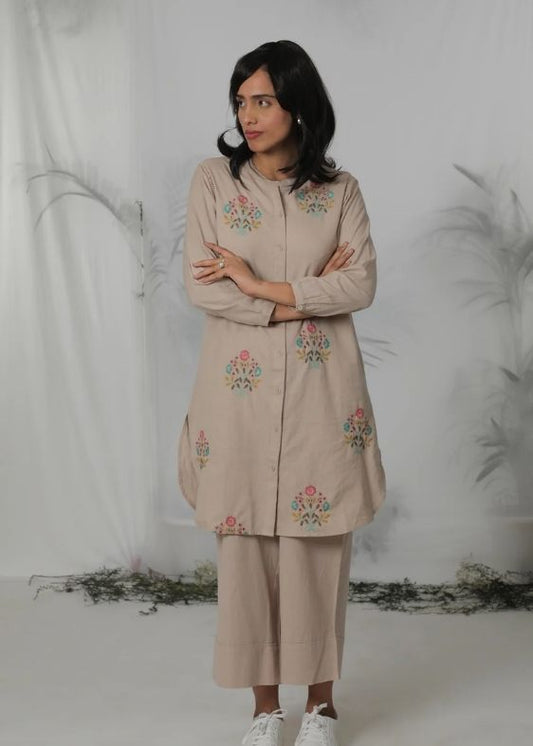 SS 2445 Beige Striped Cotton Embroidered Tunic