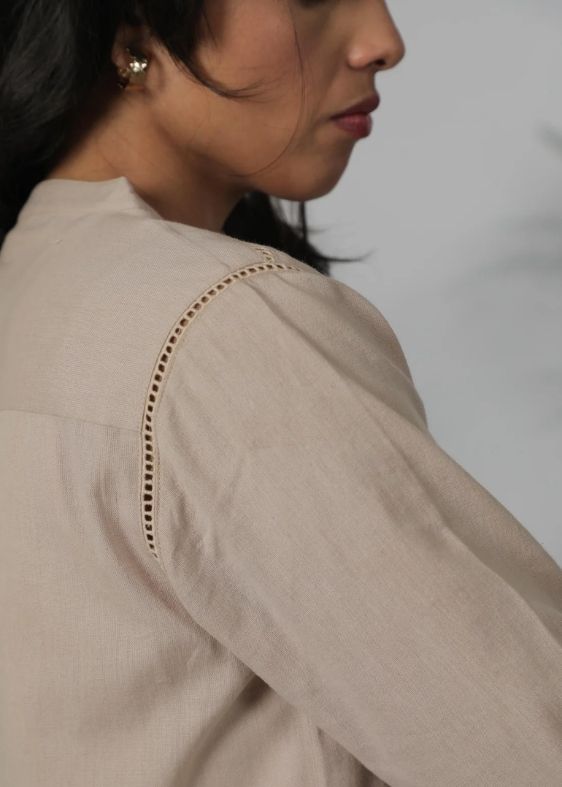 SS 2445 Beige Striped Cotton Embroidered Tunic