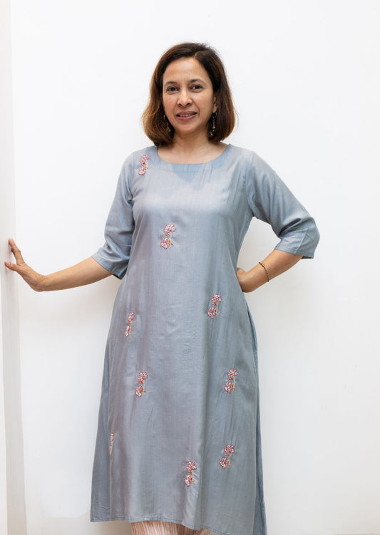 Lite Grey Floral Embroidery Tussar Cotton Dress