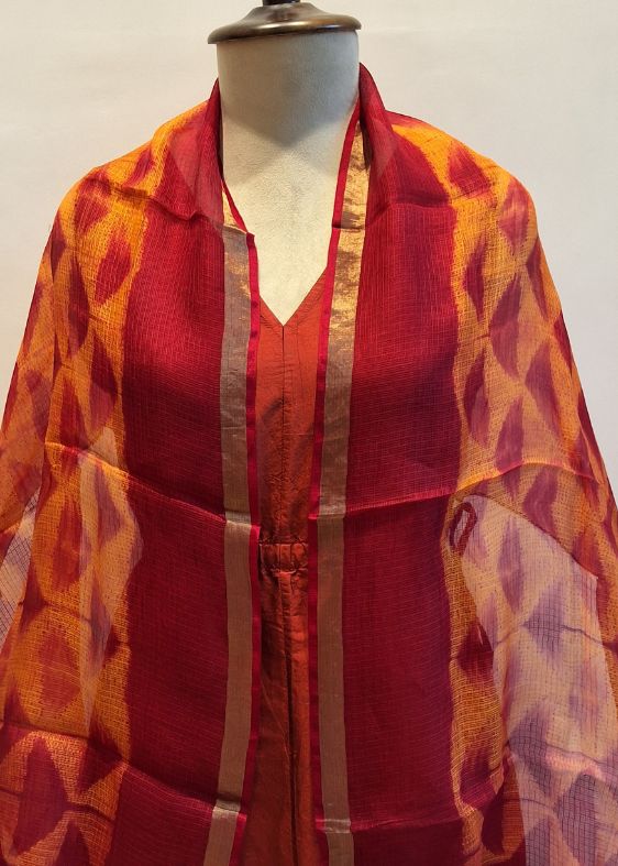Orange Geometric Silkkota Shibori Handloom Stole