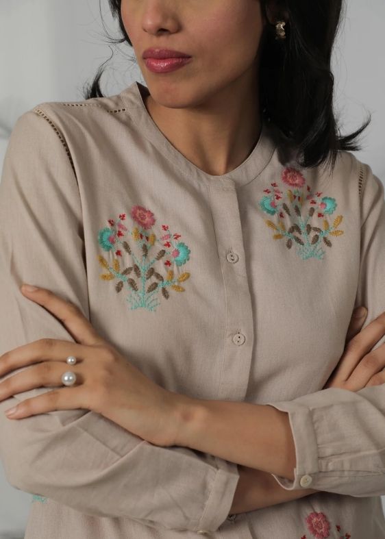 SS 2445 Beige Striped Cotton Embroidered Tunic