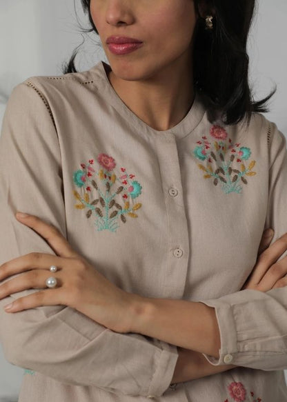 SS 2445 Beige Striped Cotton Embroidered Tunic