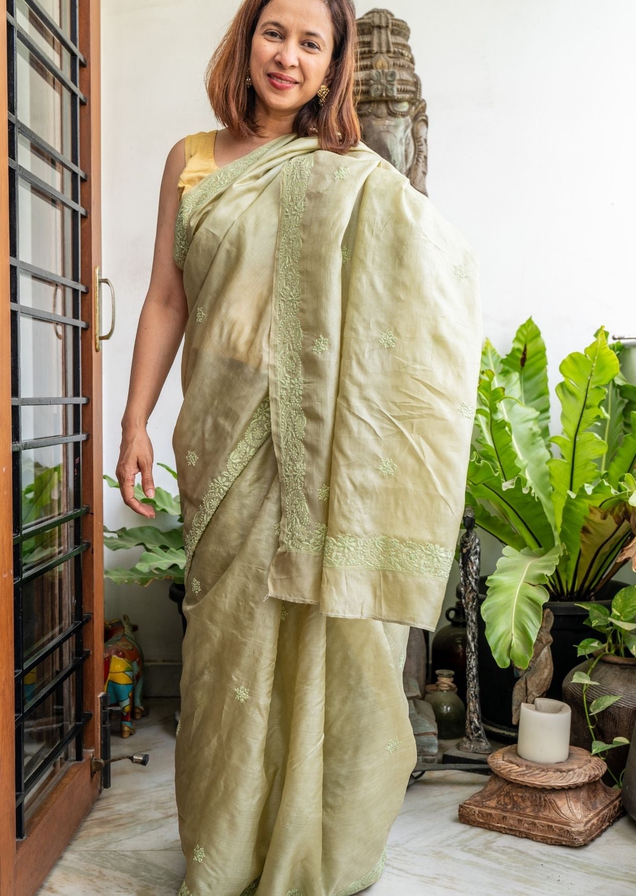 Green Hand Embroidery Chikankari Tussar Silk Saree