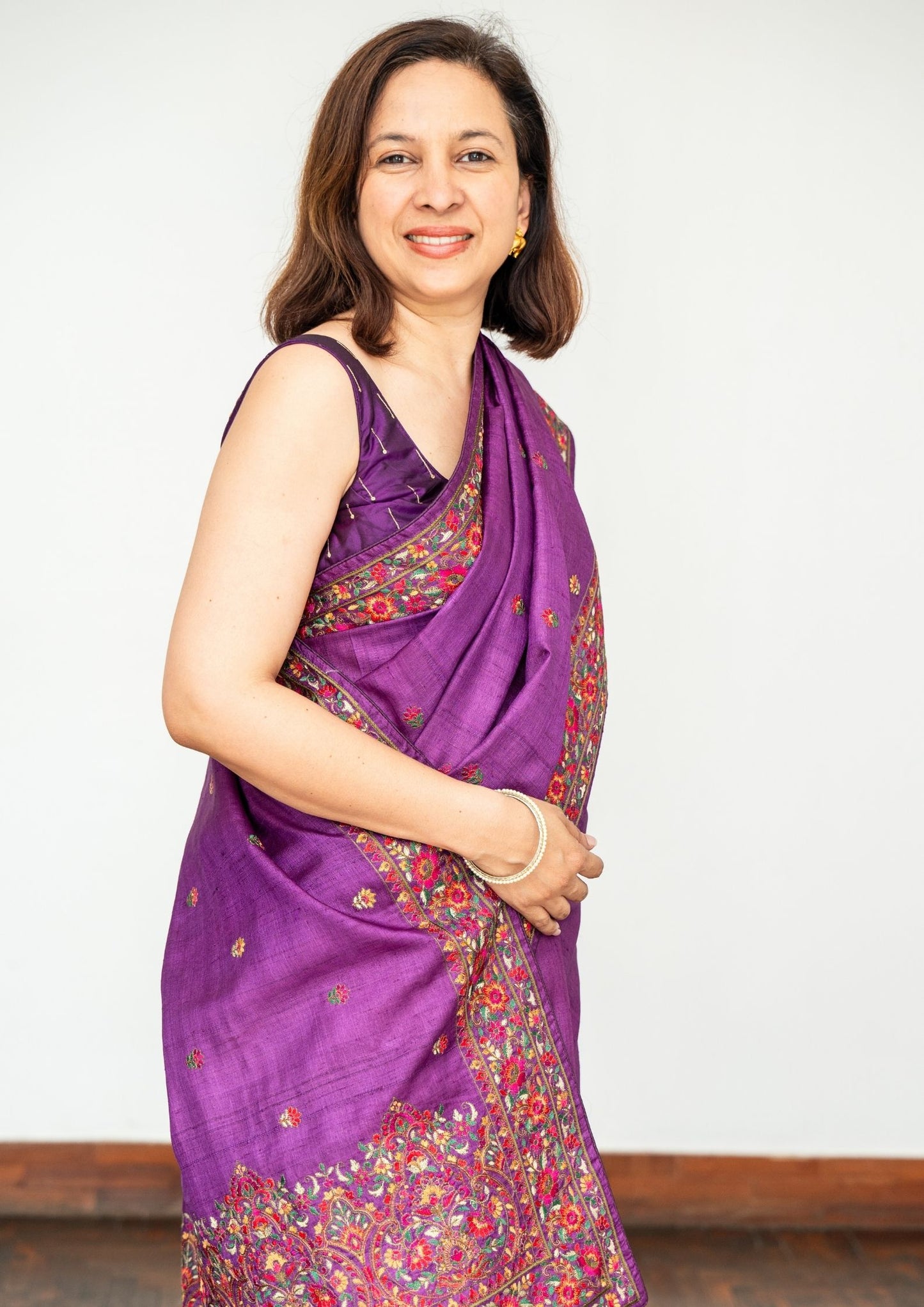 Purple Embroidery Tussar Silk Saree