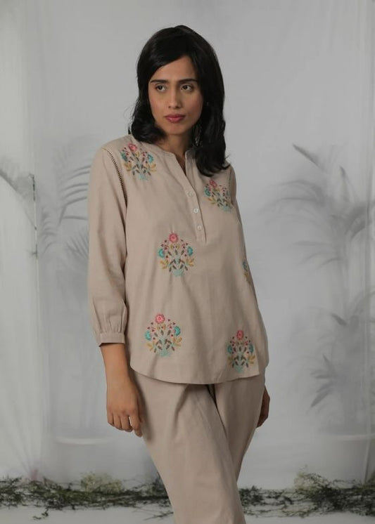SS 2446 Beige Stripes Cotton Embroidered Blouse