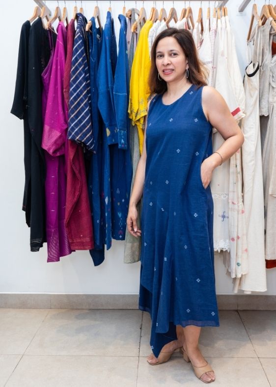 Blue Jamdani Cotton Sleeveless Dress