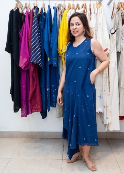 Blue Jamdani Cotton Sleeveless Dress