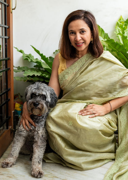 Green Hand Embroidery Chikankari Tussar Silk Saree