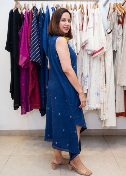 Blue Jamdani Cotton Sleeveless Dress