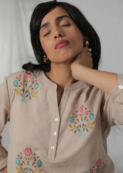 SS 2446 Beige Stripes Cotton Embroidered Blouse