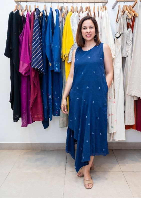 Blue Jamdani Cotton Sleeveless Dress