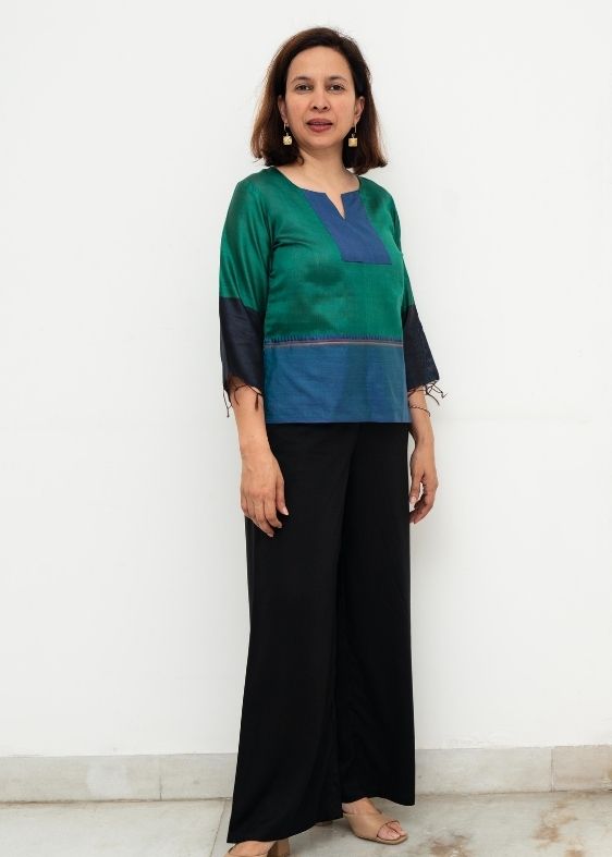 Green V Neck Eri Silk Blouse