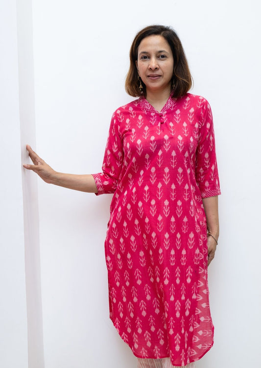 Pink Leah Superfine Silk Cotton Ikkat Kurta