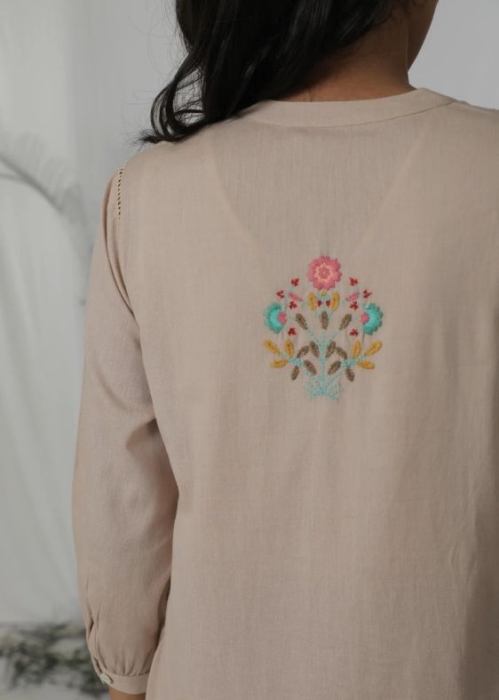 SS 2446 Beige Stripes Cotton Embroidered Blouse
