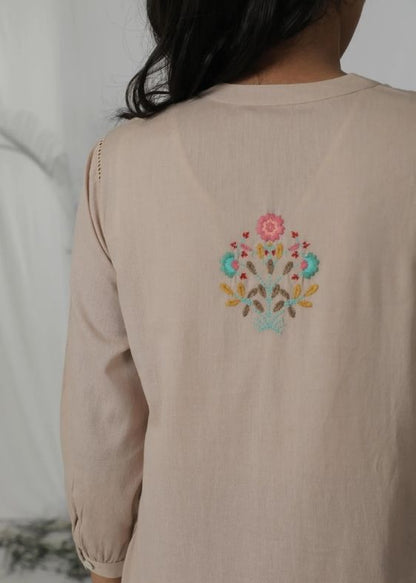 SS 2446 Beige Stripes Cotton Embroidered Blouse