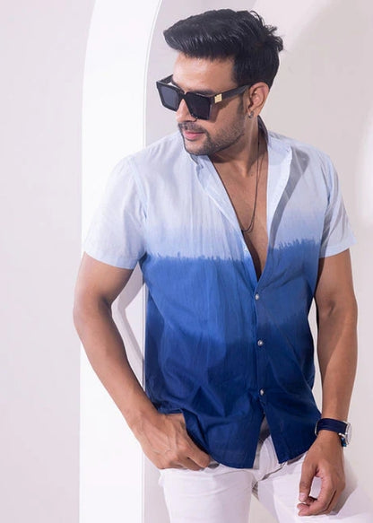 Nehru Collar Ombre Half Sleeve Cotton Shirt- Navy