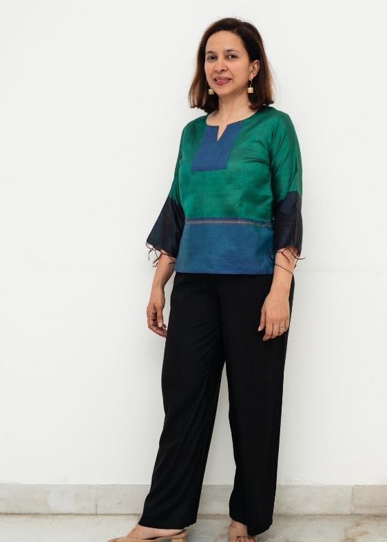Green V Neck Eri Silk Blouse