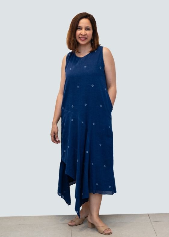 Blue Jamdani Cotton Sleeveless Dress