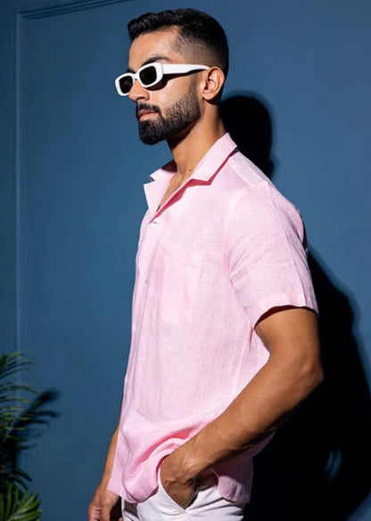 Pure Linen Half Sleeve Shirt-Pink