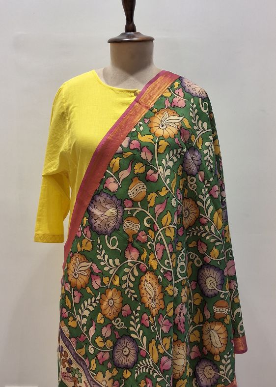 Dark Green Floral Kalamkari Dupatta