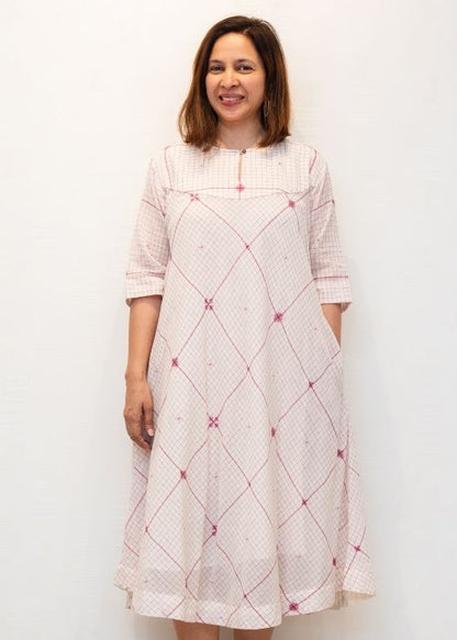 White and Pink Checks Jamdani Cotton Dress