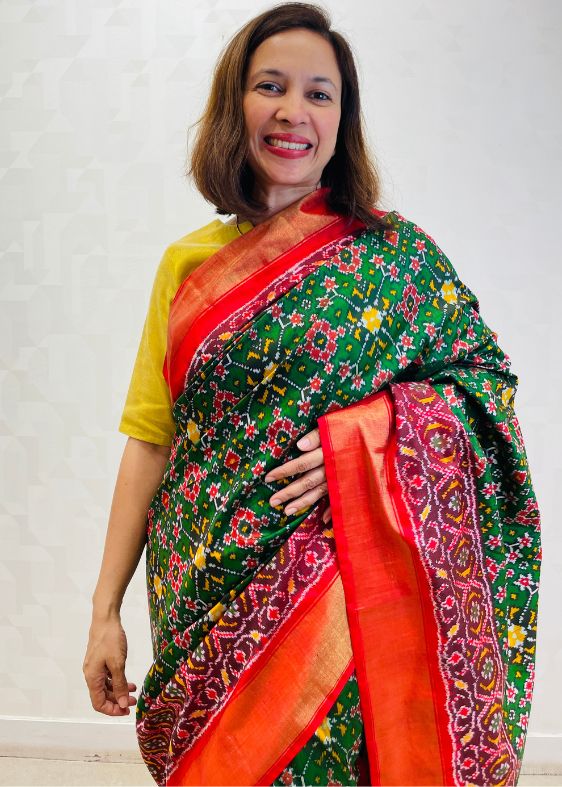 Green and Red Silk Ikat Saree