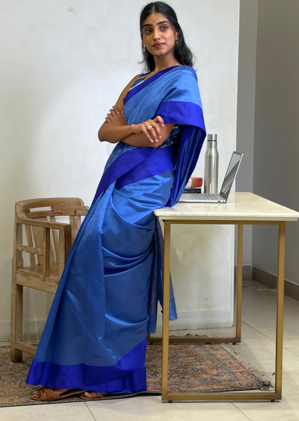 Blue Contrast Border Silk Chanderi Saree