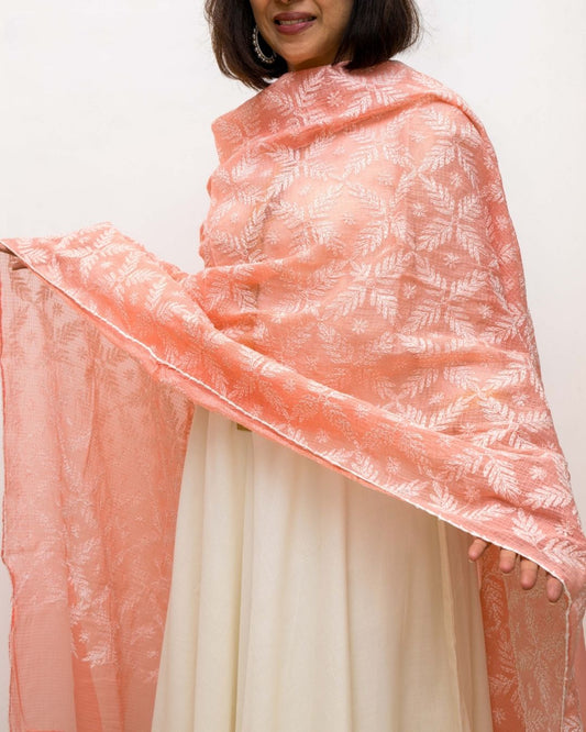 Peach Chikankari Kota Dupatta