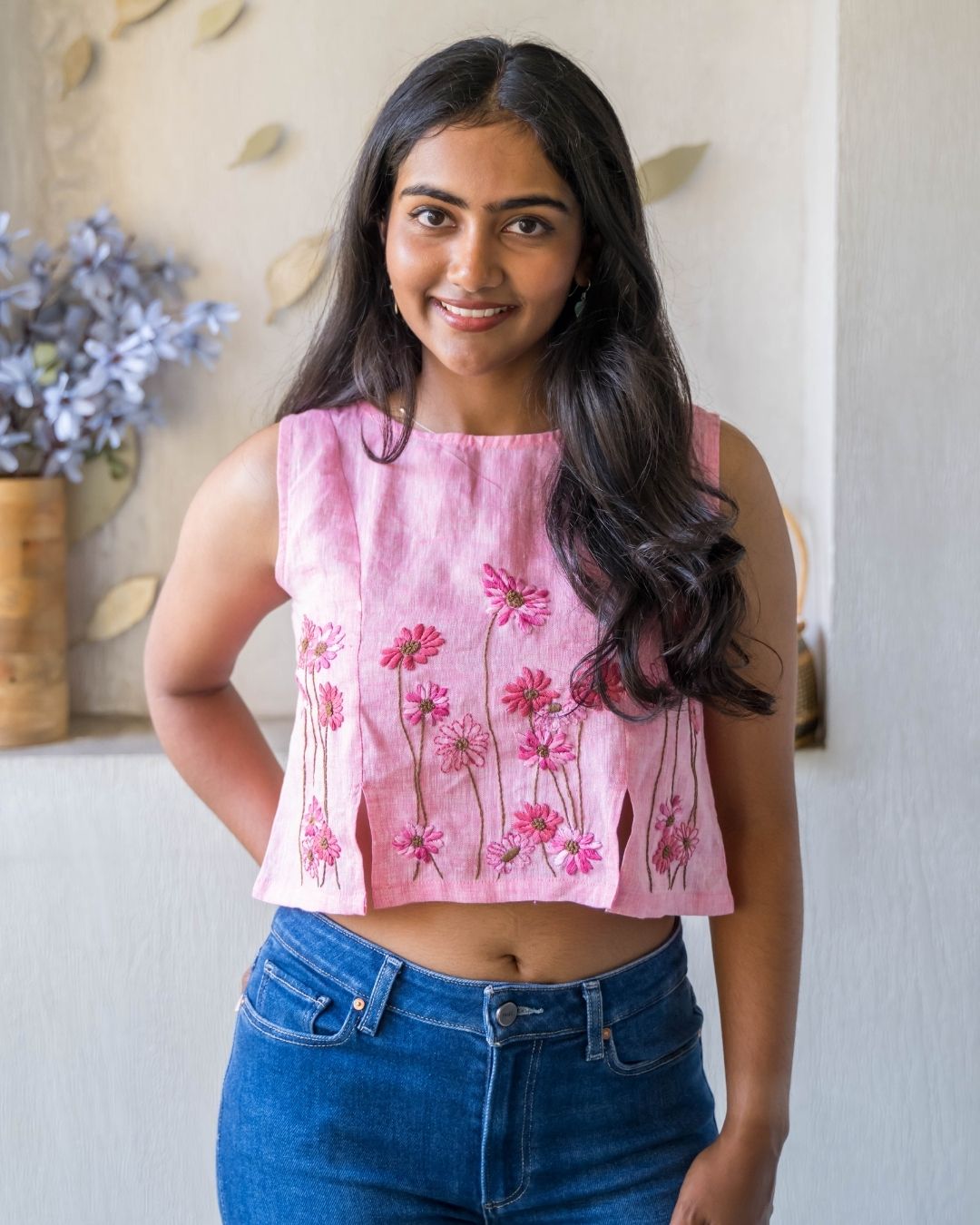 Pink Linen Floral Embroidery Sleeveless Linen Top