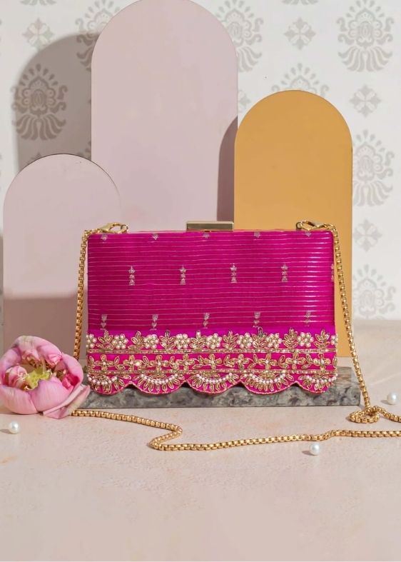 Tari Silk box clutch- Turquoise pink