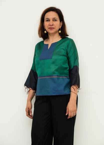 Green V Neck Eri Silk Blouse