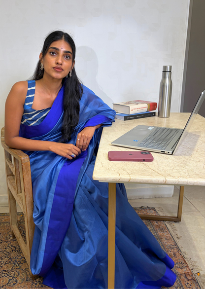 Blue Contrast Border Silk Chanderi Saree