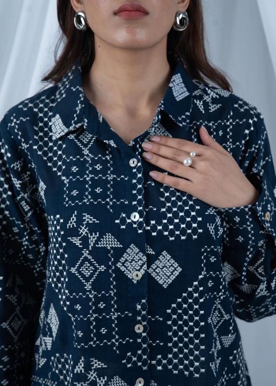 SS 2479 Blue Stripe Embroidered Cotton Top