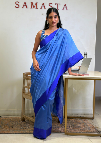 Blue Contrast Border Silk Chanderi Saree