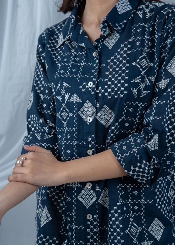 SS 2479 Blue Stripe Embroidered Cotton Top