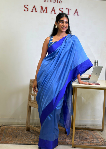 Blue Contrast Border Silk Chanderi Saree
