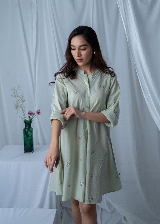 SS 2480 Green Stripe Embroidered Cotton Dress