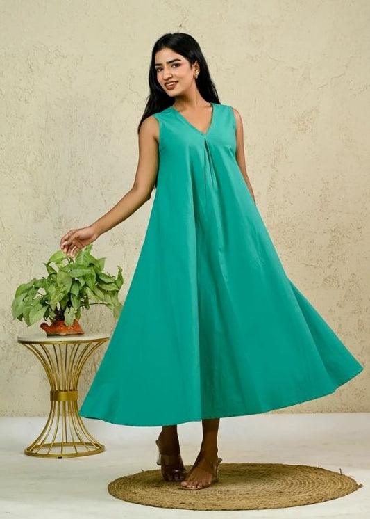 Green Cotton Poplin Box Pleat Long Dress