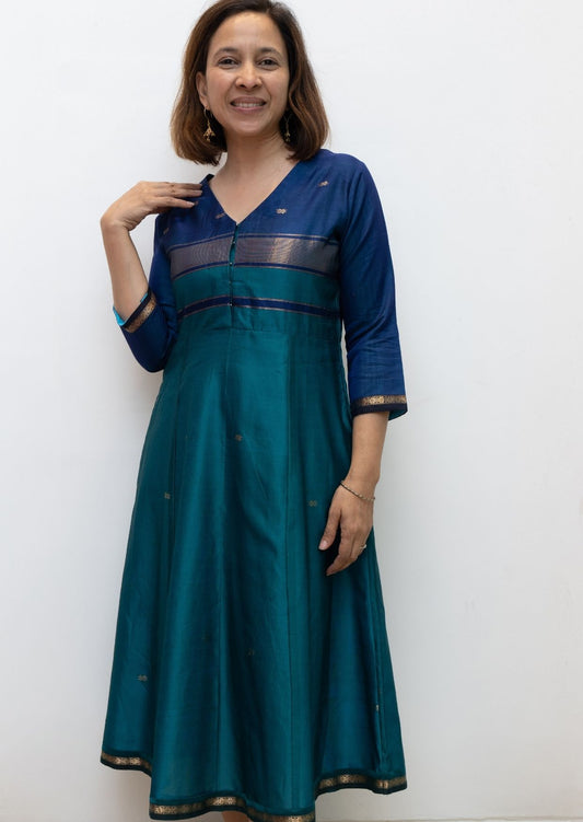 Green Blue Maiteri Maheswari Silk Cotton Dress