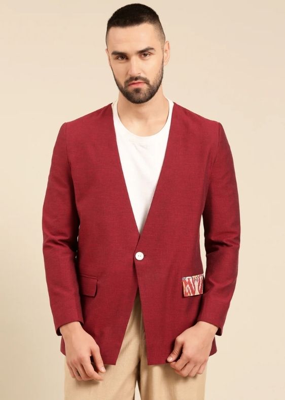 Wine Printed Cotton Blazer - MMJ0159