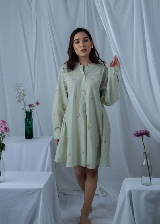 SS 2480 Green Stripe Embroidered Cotton Dress