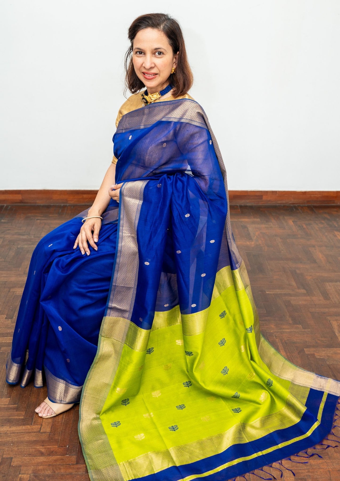 Blue and Green Maheswari Lotus Saree